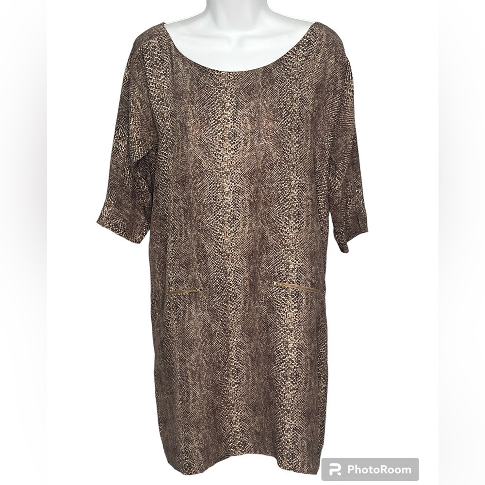 Zara woman brown black white snakeskin print 100% silk 3/4 sleeve shift dress